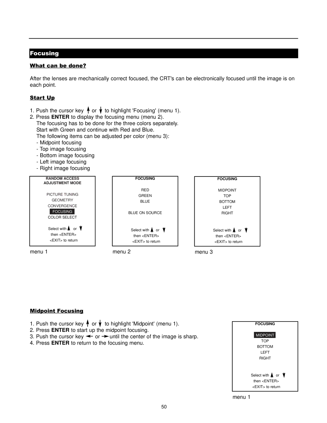 Runco DTV-1200 owner manual Focusing, Midpoint 