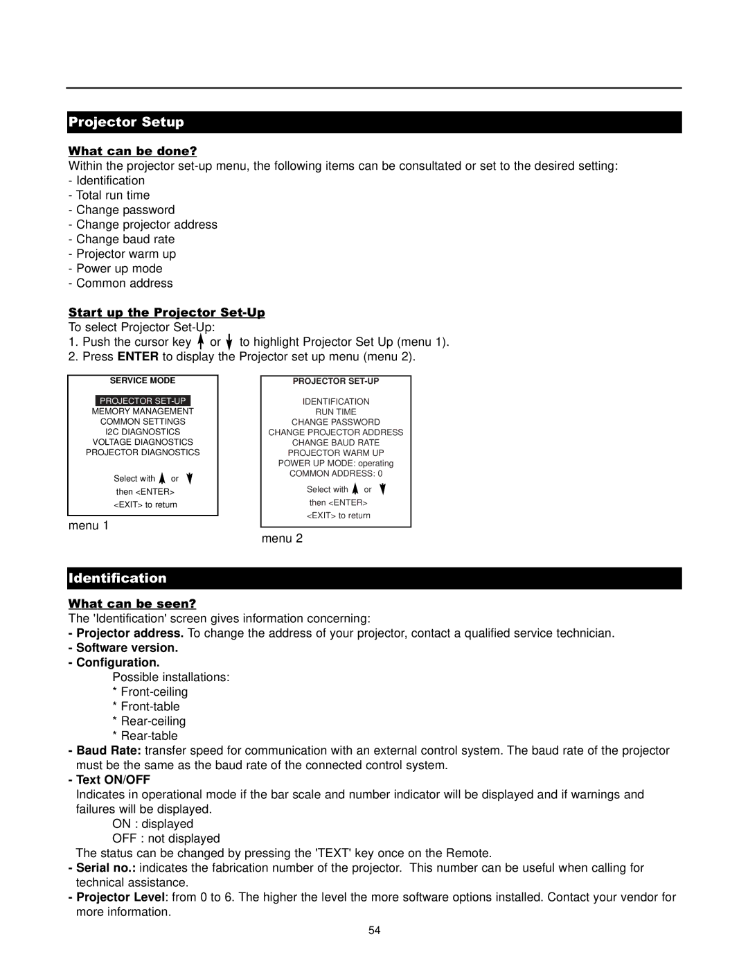 Runco DTV-1200 owner manual Projector Setup, Identification, Software version Configuration, Text ON/OFF, Projector SET-UP 