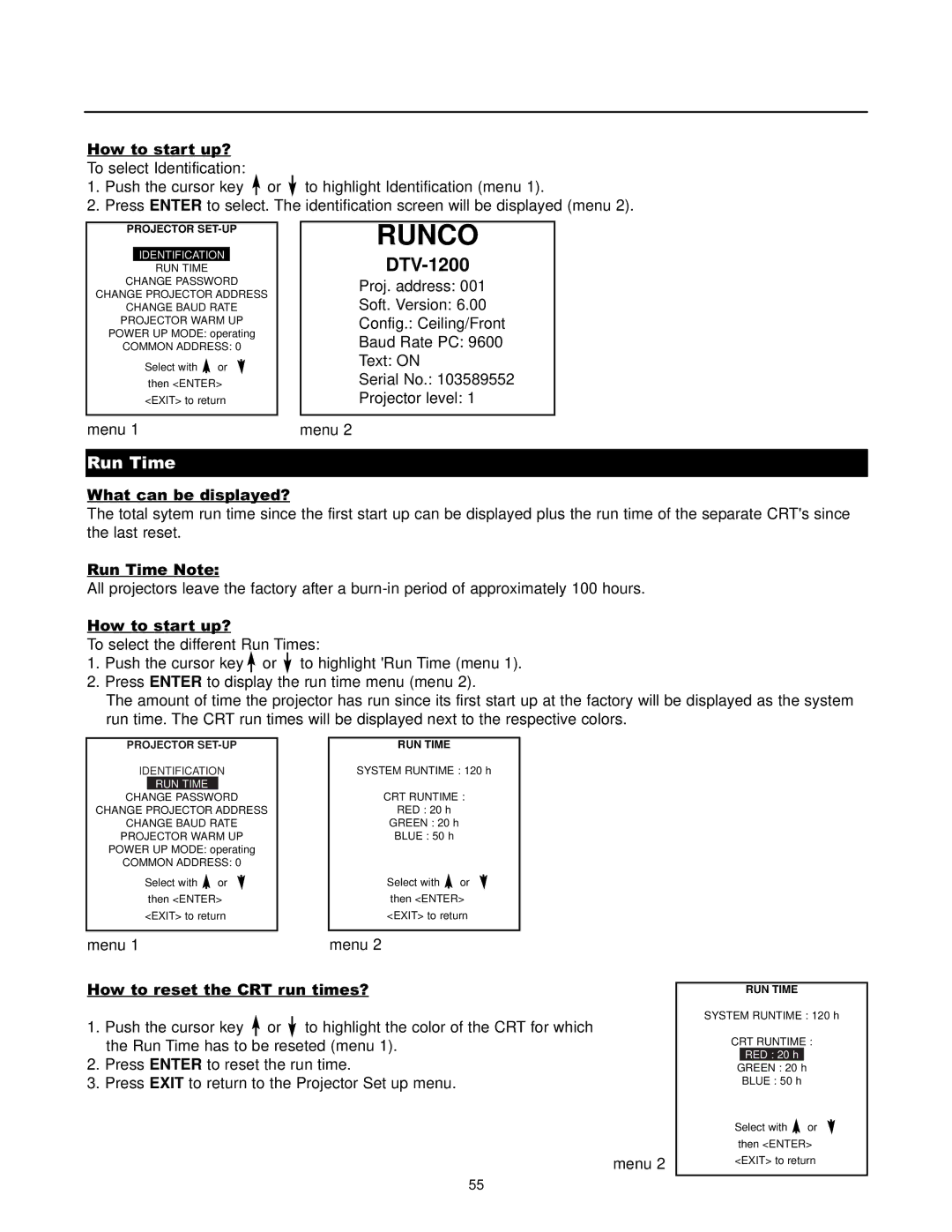 Runco DTV-1200 owner manual Run Time, Projector SET-UP, Identification, RUN Time 