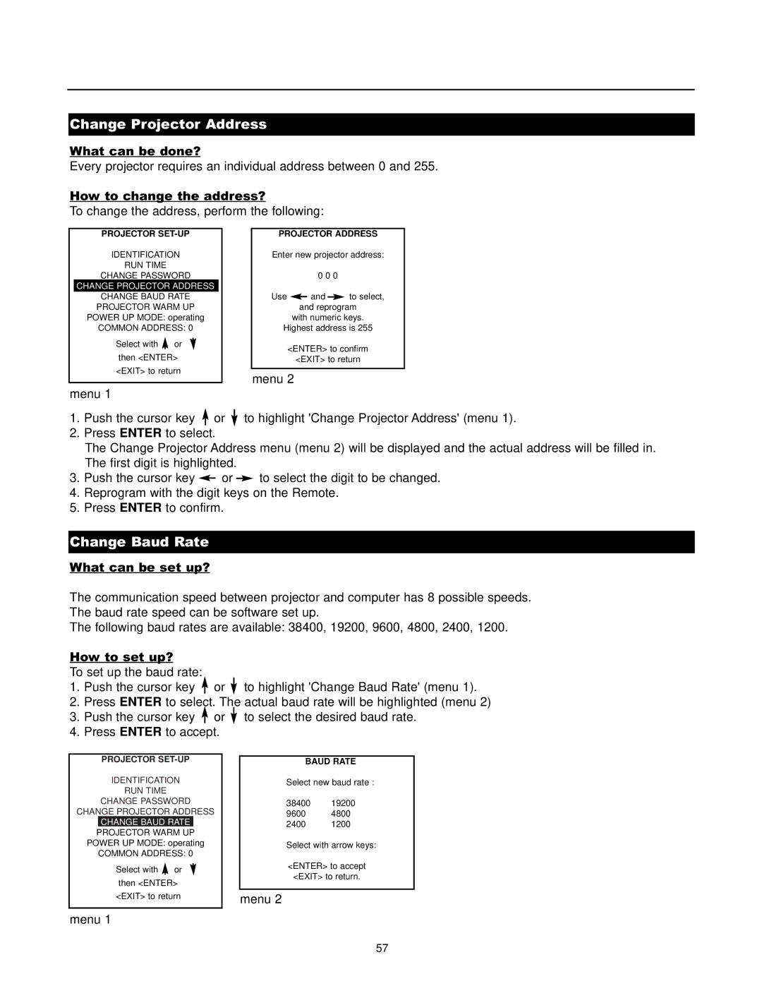 Runco DTV-1200 owner manual Change Projector Address, Change Baud Rate, Projector SET-UP Projector Address 