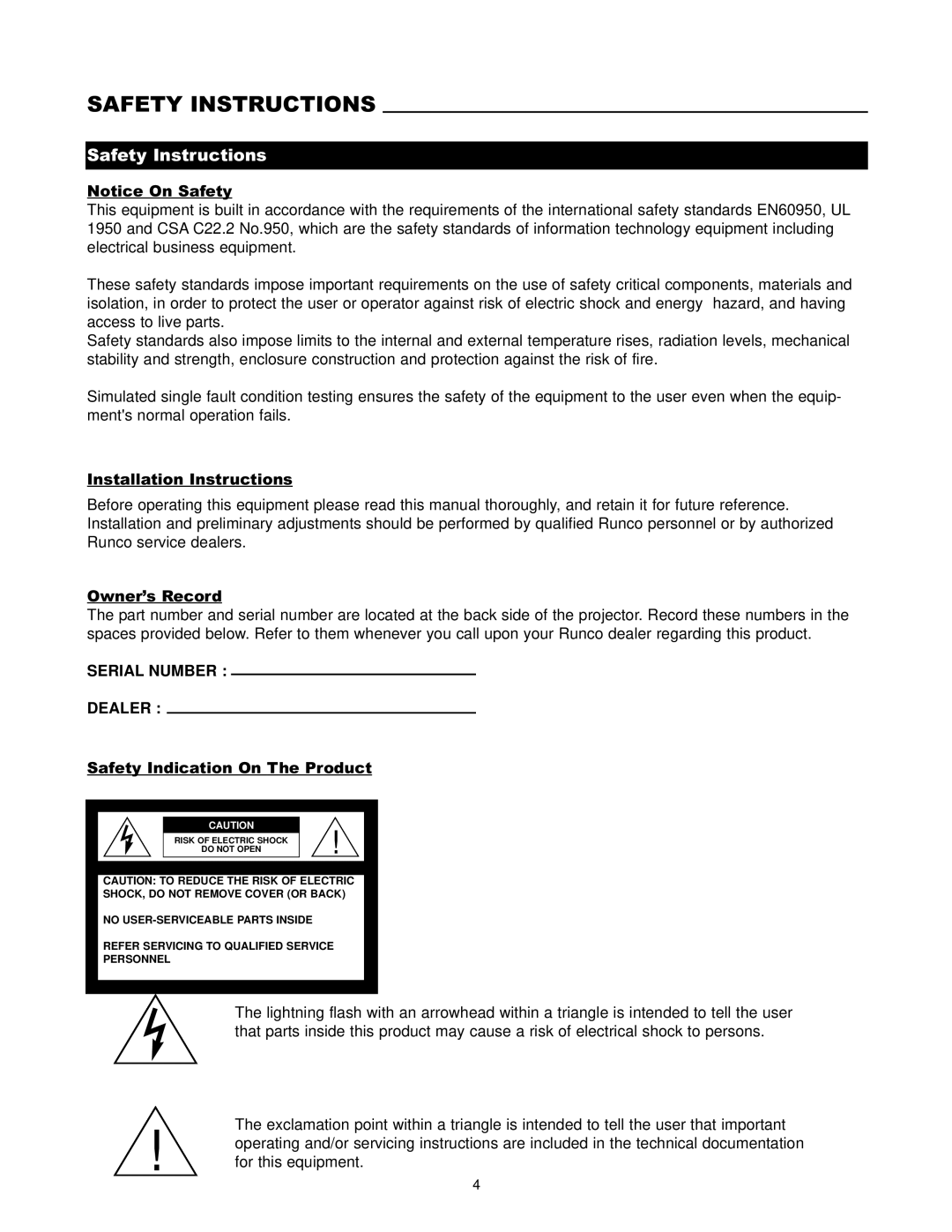 Runco DTV-1200 owner manual Safety Instructions 