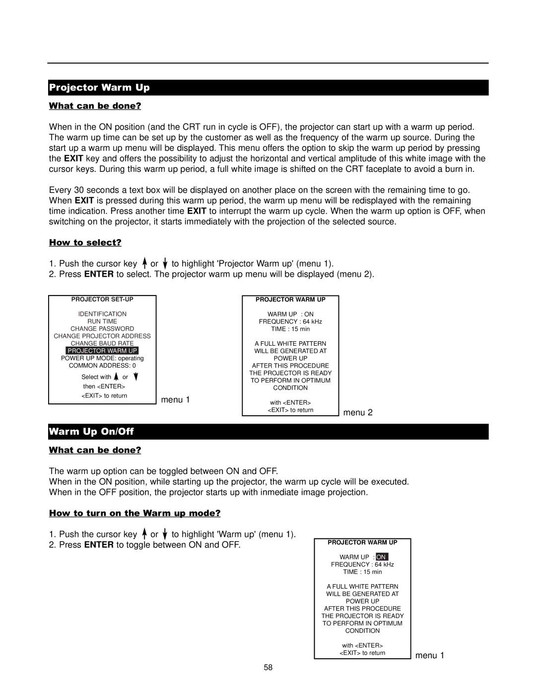 Runco DTV-1200 owner manual Projector Warm Up, Warm Up On/Off, Projector Warm UP 