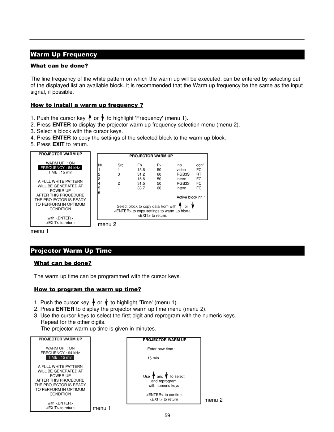 Runco DTV-1200 owner manual Warm Up Frequency, Projector Warm Up Time, Projector Warm UP 