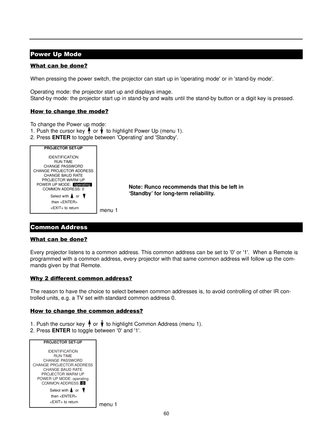 Runco DTV-1200 owner manual Power Up Mode, Common Address 