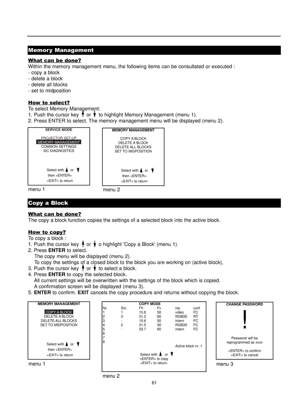 Runco DTV-1200 owner manual Memory Management, Copy a Block, Copy Mode 