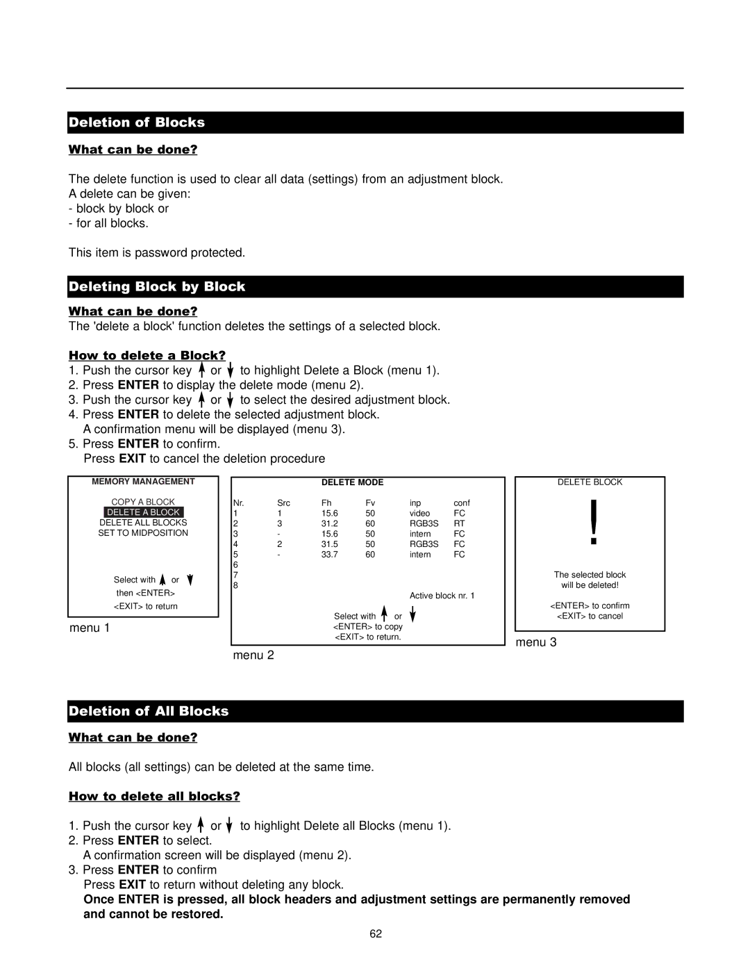 Runco DTV-1200 Deletion of Blocks, Deleting Block by Block, Deletion of All Blocks, Memory Management, Delete Mode 