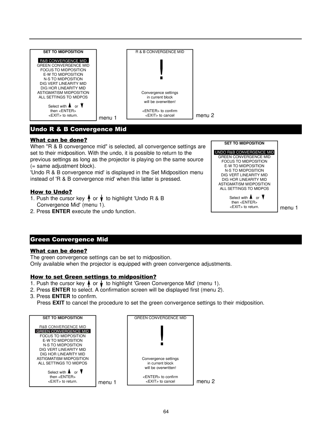 Runco DTV-1200 owner manual Undo R & B Convergence Mid, SET to Midposition, Green Convergence MID 