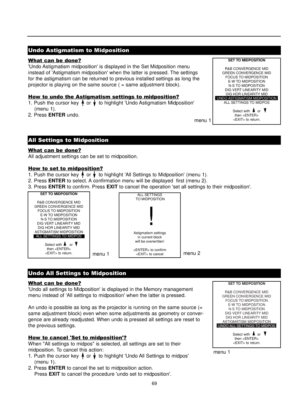 Runco DTV-1200 owner manual Undo Astigmatism to Midposition, Undo All Settings to Midposition 