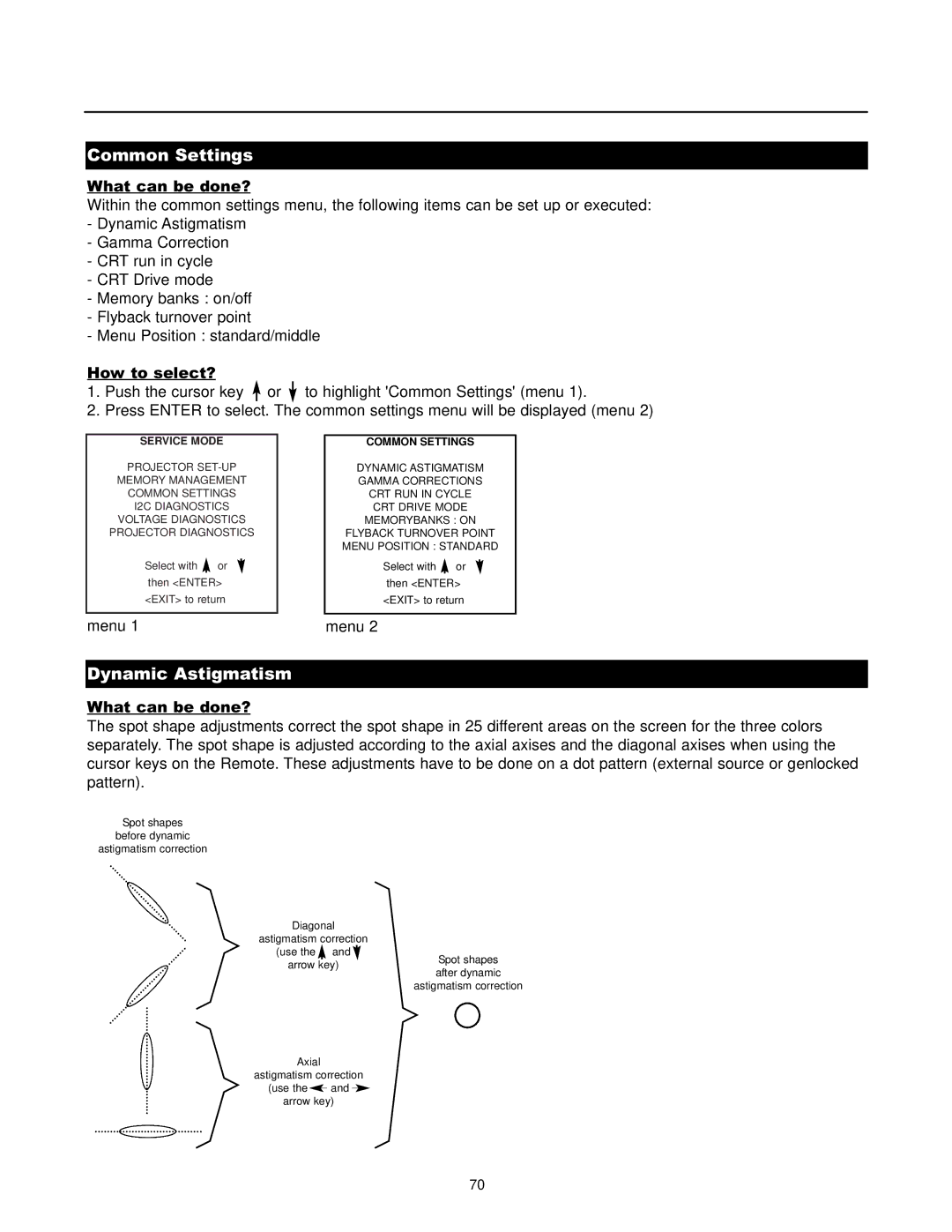 Runco DTV-1200 owner manual Common Settings, Dynamic Astigmatism 