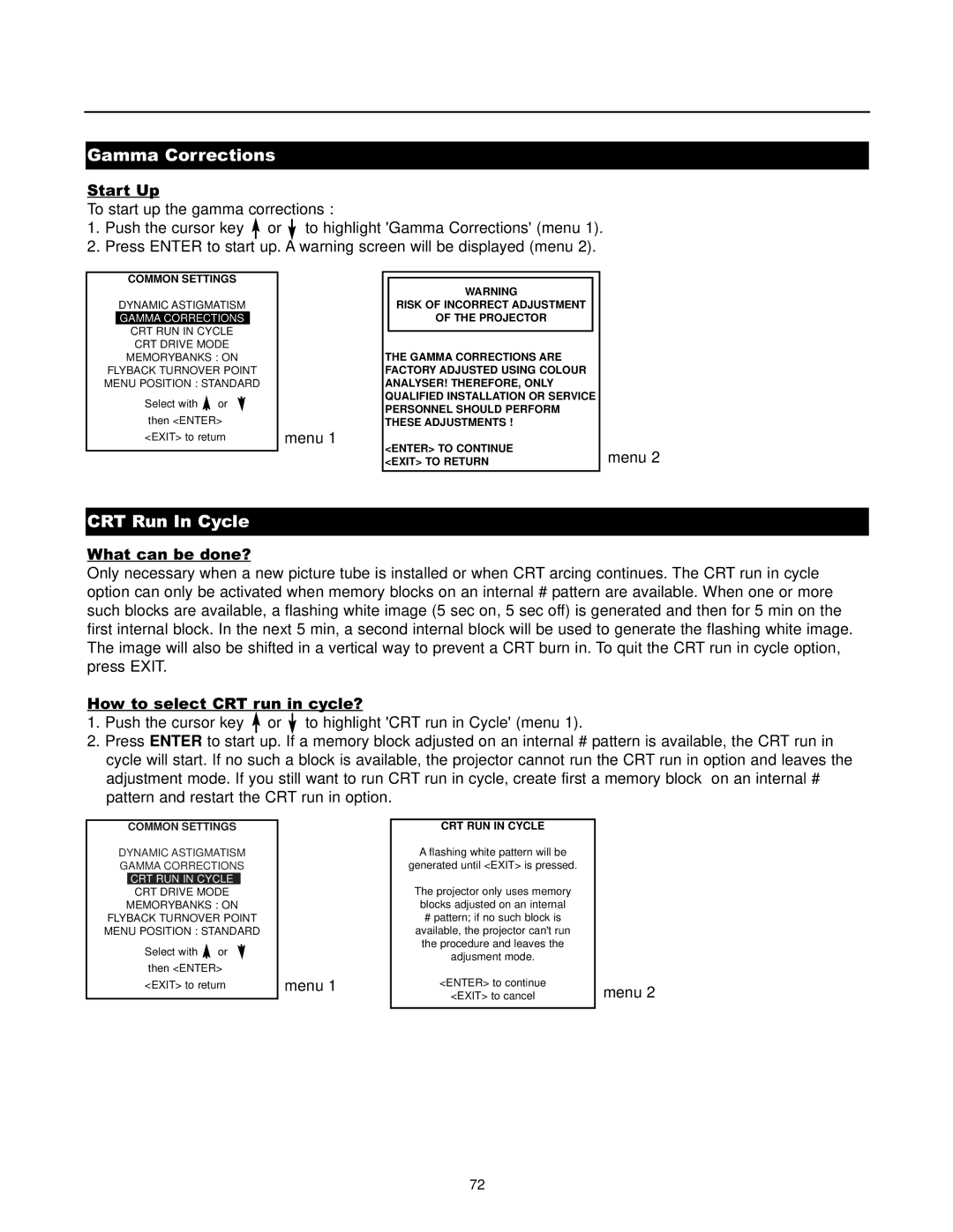 Runco DTV-1200 owner manual Gamma Corrections, CRT Run In Cycle, Common Settings, CRT RUN in Cycle 