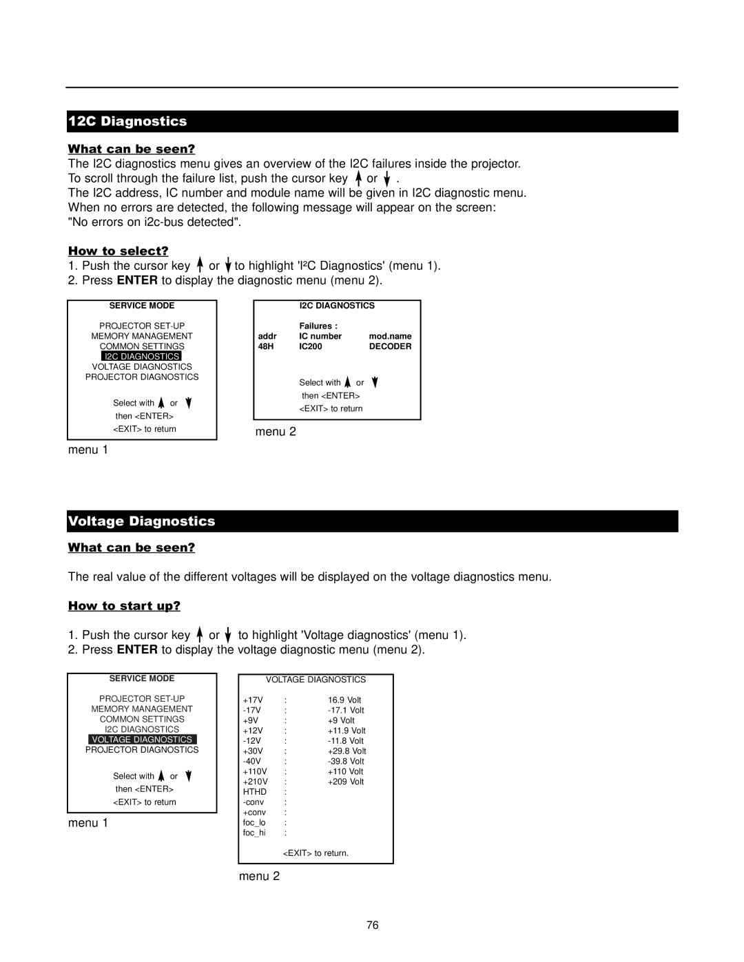 Runco DTV-1200 owner manual 12C Diagnostics, Voltage Diagnostics, I2C Diagnostics, Decoder 