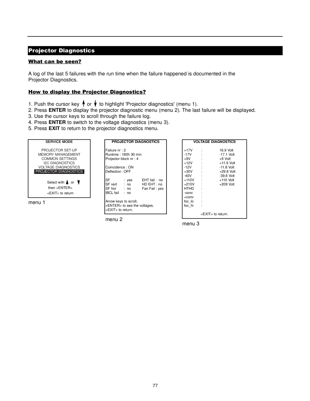 Runco DTV-1200 owner manual Projector Diagnostics, Voltage Diagnostics 