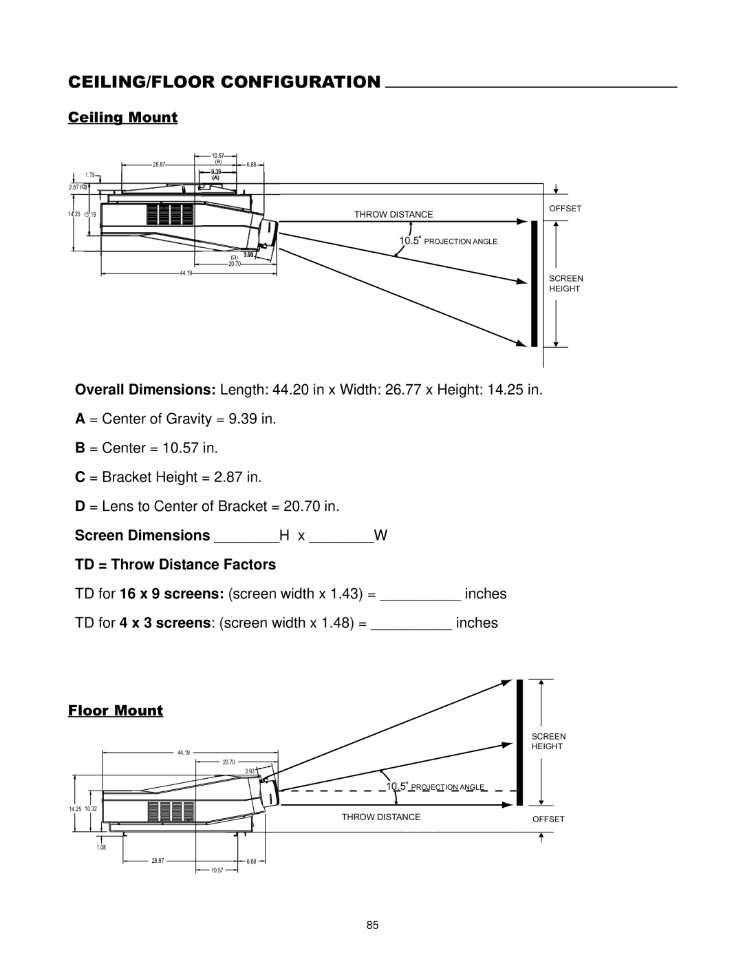 Runco DTV-1200 owner manual CEILING/FLOOR Configuration, TD = Throw Distance Factors 