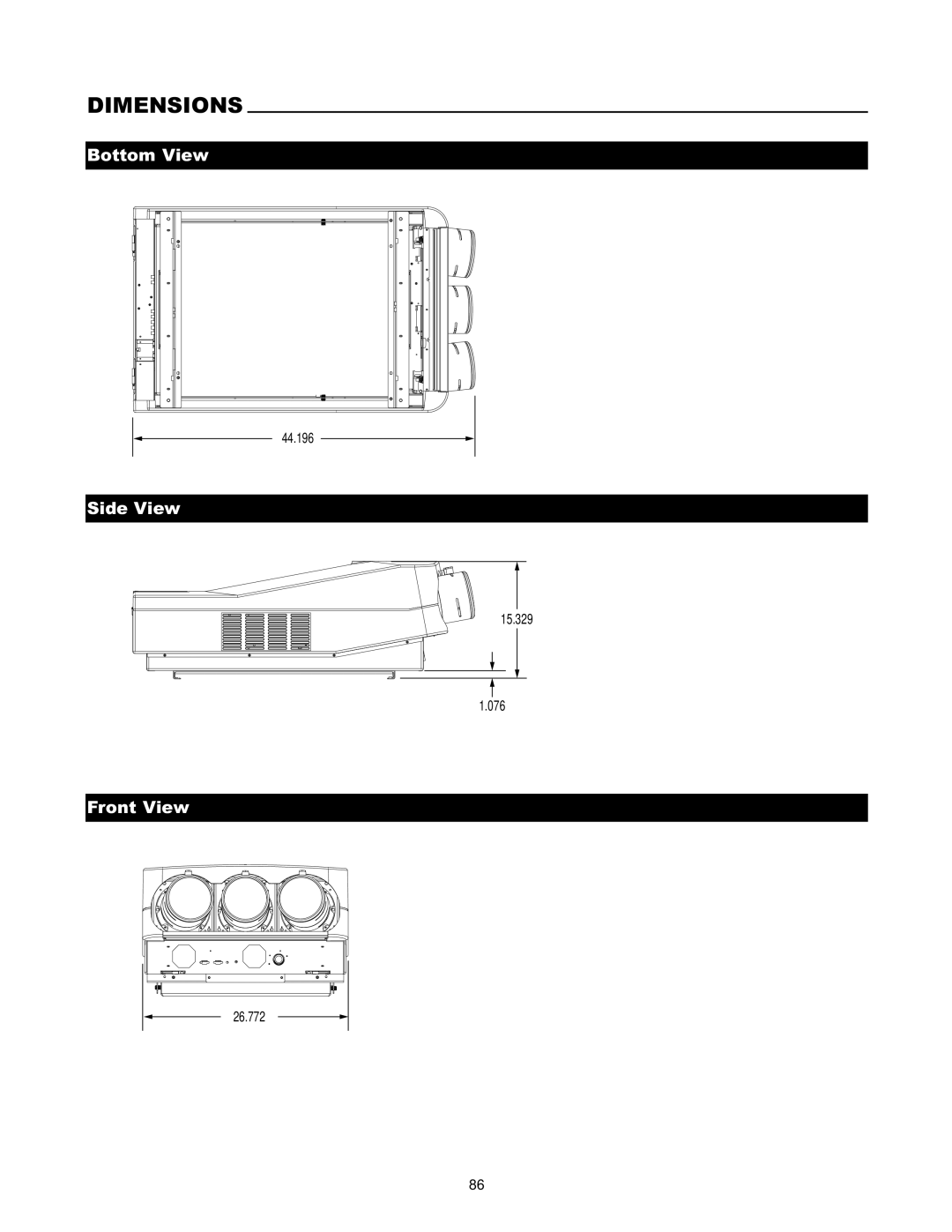 Runco DTV-1200 owner manual Dimensions, Bottom View, Side View, Front View 