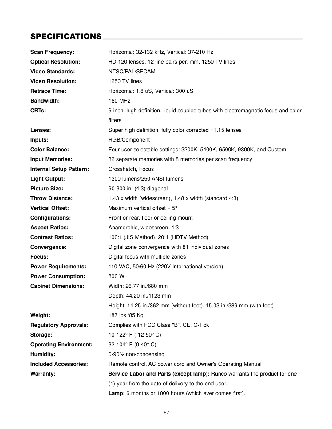 Runco DTV-1200 owner manual Specifications 