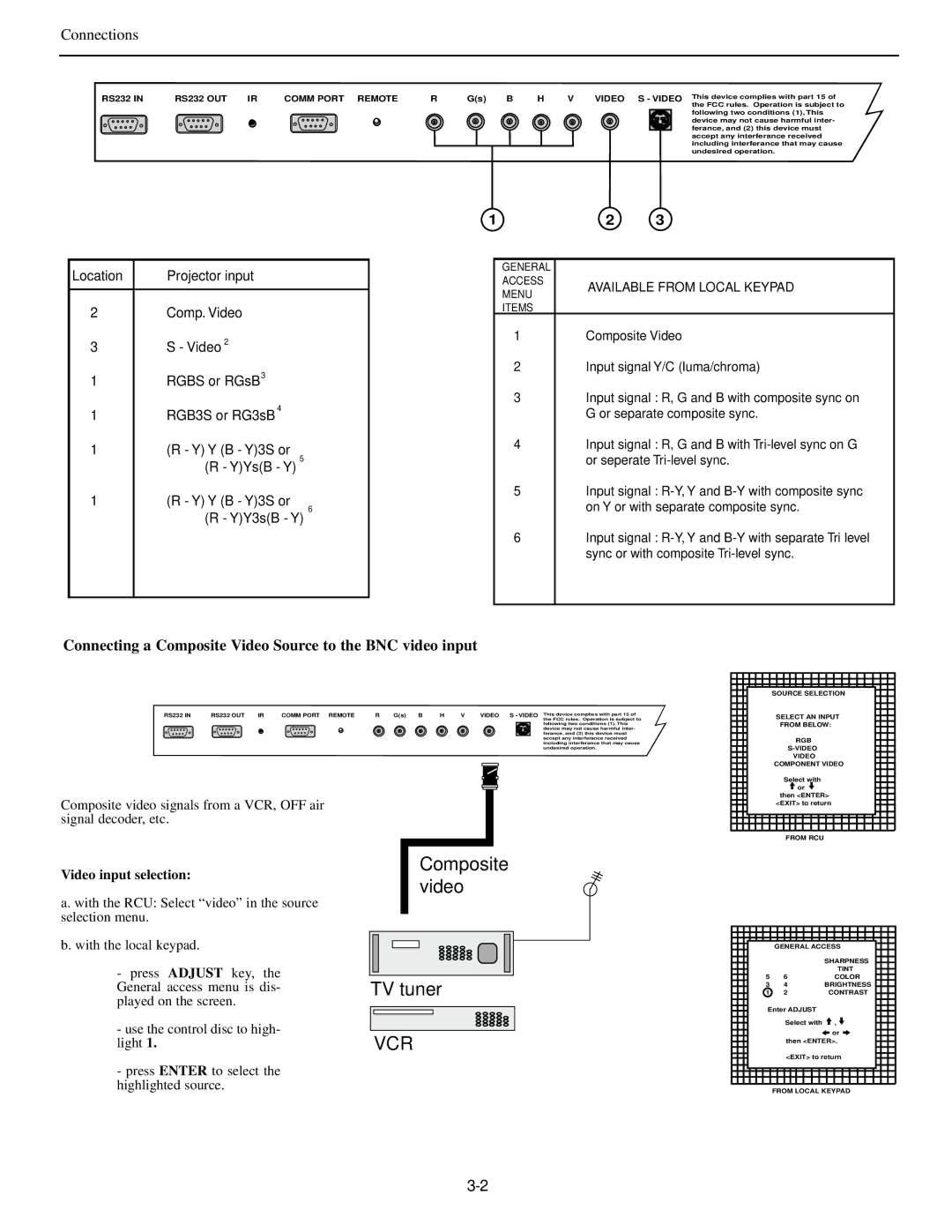 Runco DTV-873 manual Connections, Video input selection 