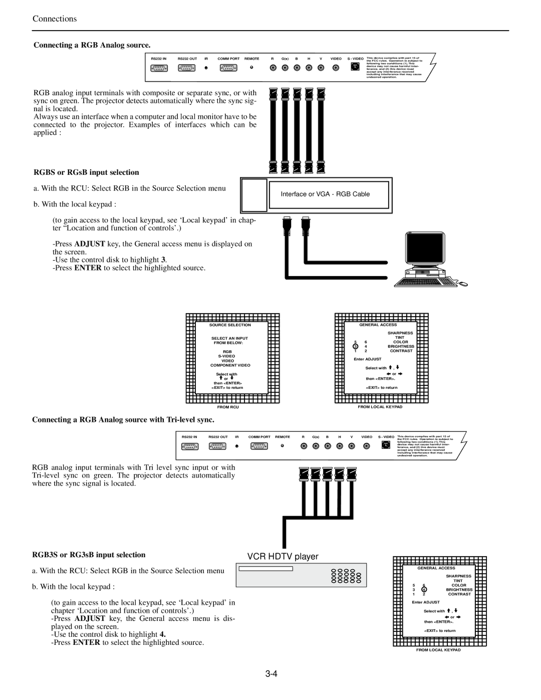 Runco DTV-873 manual Connecting a RGB Analog source, Rgbs or RGsB input selection, RGB3S or RG3sB input selection 