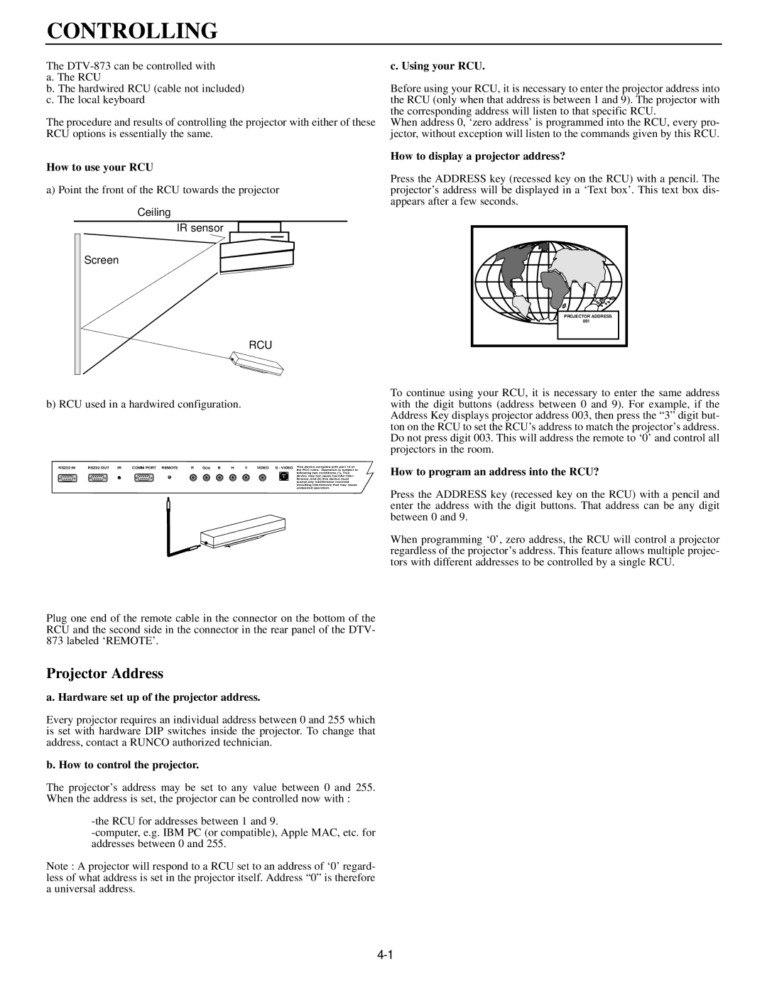 Runco DTV-873 manual Controlling 