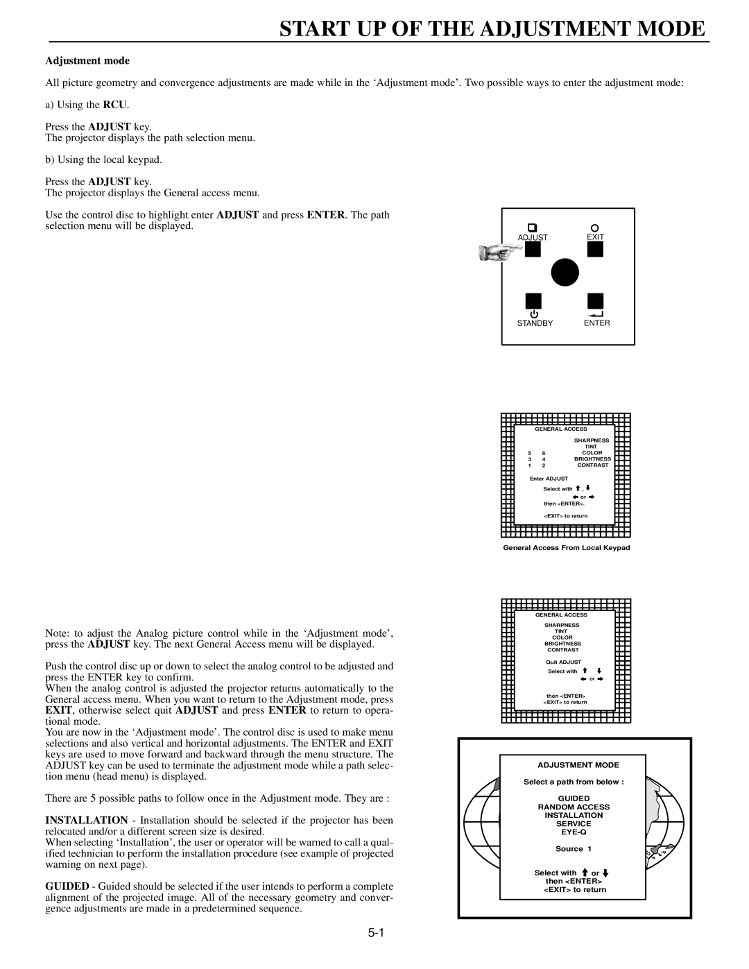 Runco DTV-873 manual Start UP of the Adjustment Mode, Adjustment mode 