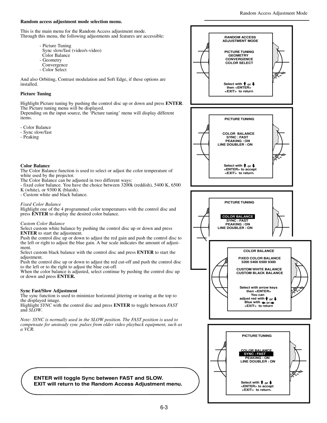 Runco DTV-873 manual Random access adjustment mode selection menu, Picture Tuning, Color Balance, Sync Fast/Slow Adjustment 