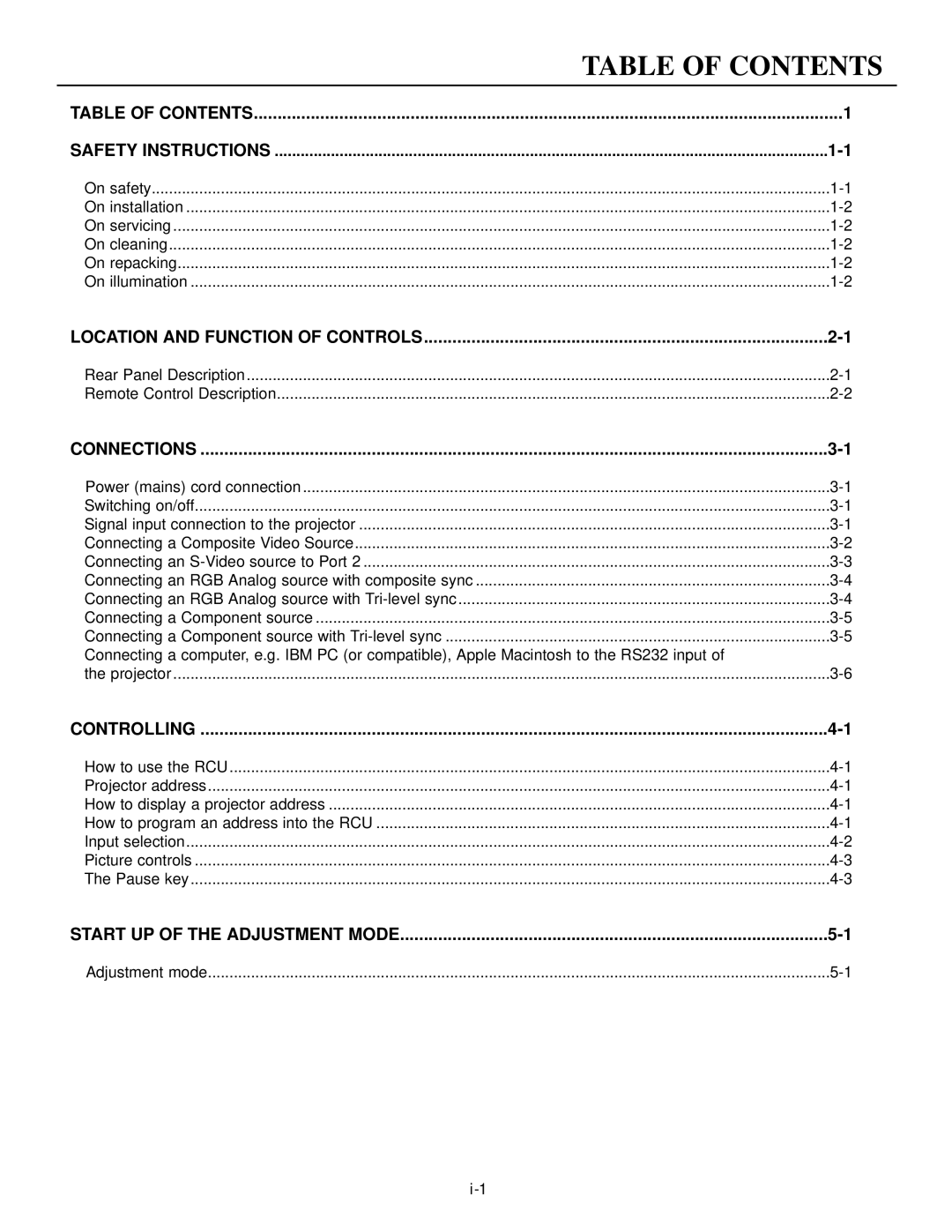 Runco DTV-873 manual Table of Contents 