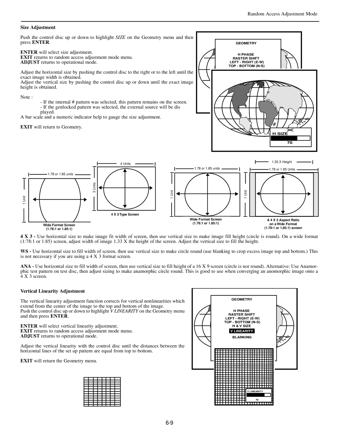 Runco DTV-873 manual Size Adjustment, Vertical Linearity Adjustment 