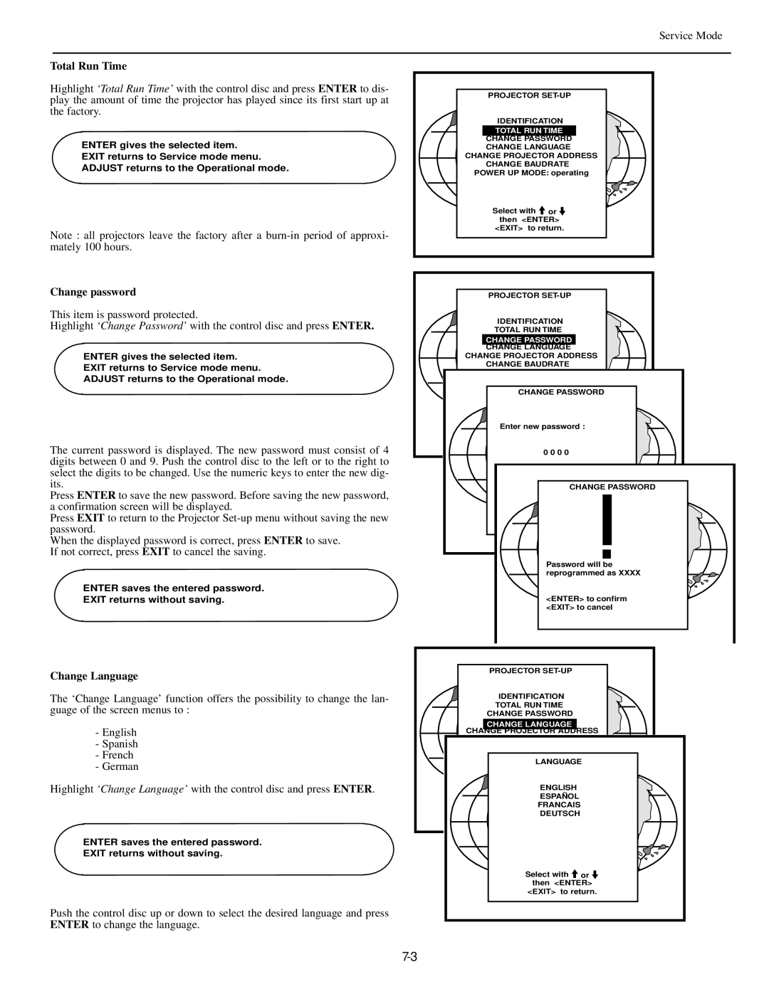 Runco DTV-873 manual Total Run Time, Change password, Change Language 