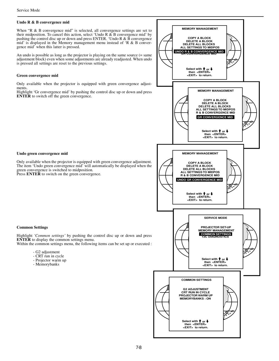 Runco DTV-873 manual Undo R & B convergence mid, Green convergence mid, Undo green convergence mid, Common Settings 