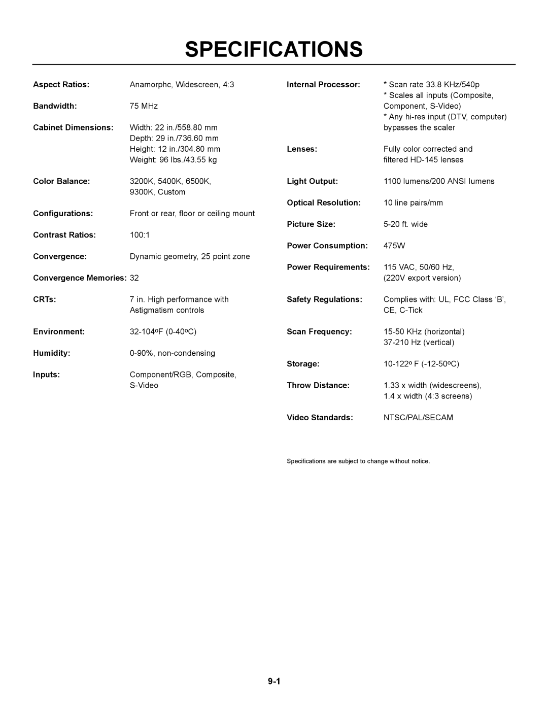 Runco DTV-873 manual Specifications 