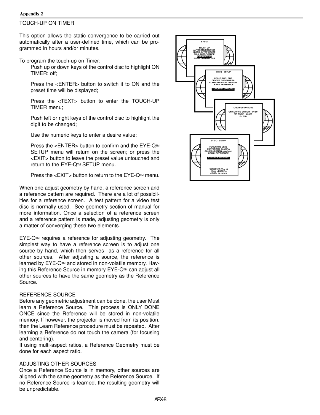 Runco DTV-873 manual TOUCH-UP on Timer, Reference Source, Adjusting Other Sources 