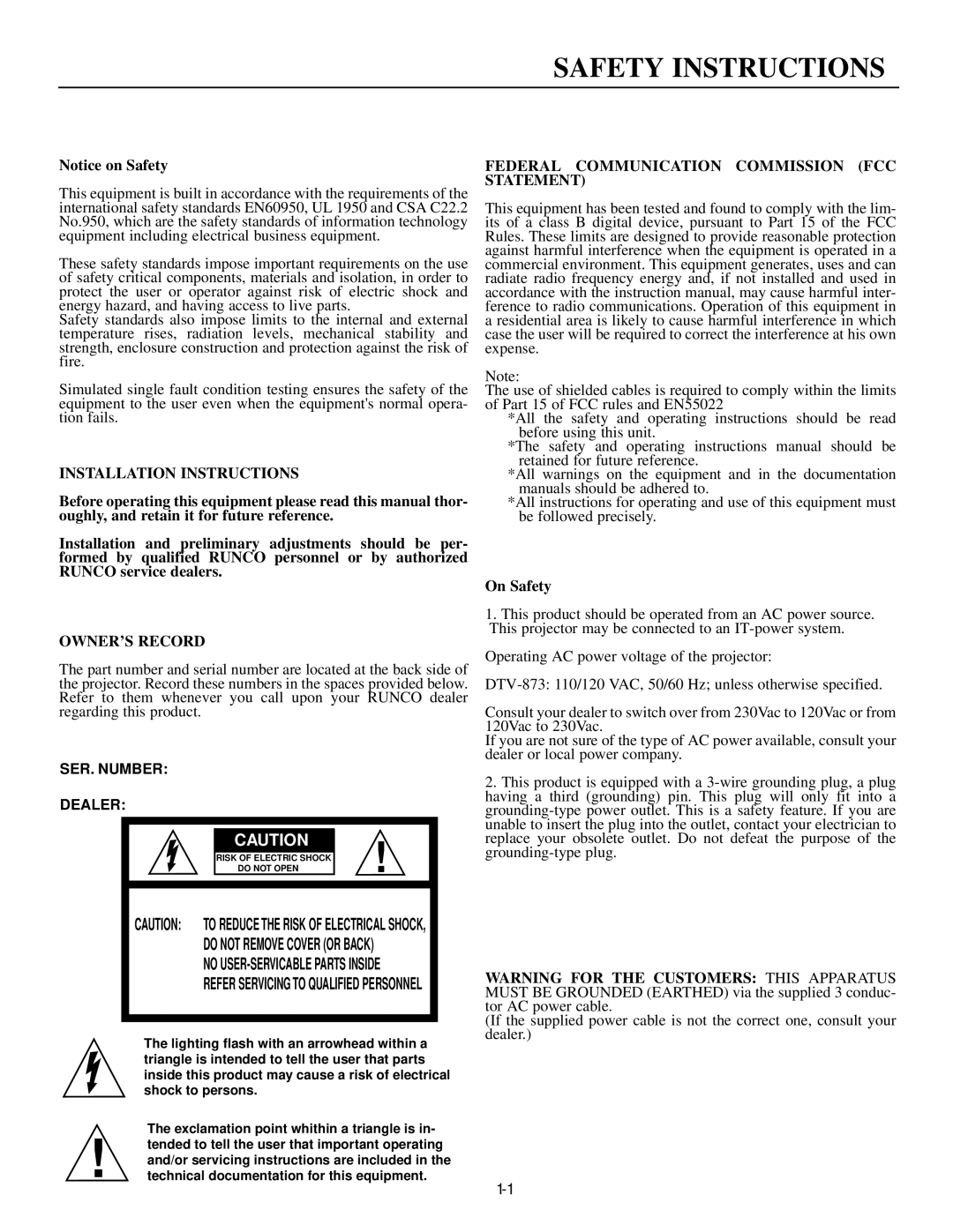 Runco DTV-873 manual Safety Instructions, Installation Instructions 