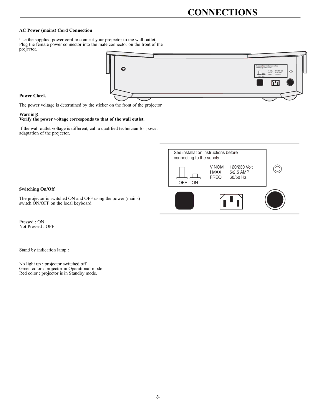 Runco DTV-947 manual Connections, AC Power mains Cord Connection, Power Check, Switching On/Off 