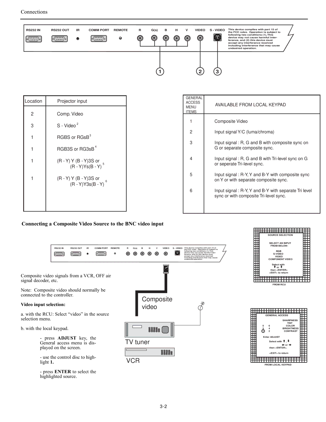 Runco DTV-947 manual Connecting a Composite Video Source to the BNC video input, Video input selection 