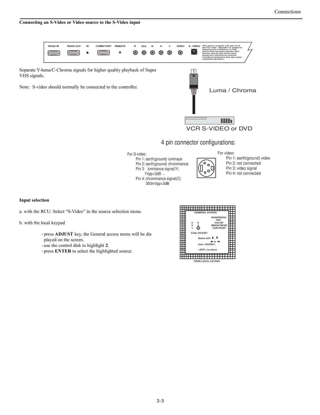 Runco DTV-947 manual Connecting an S-Video or Video source to the S-Video input, Input selection 