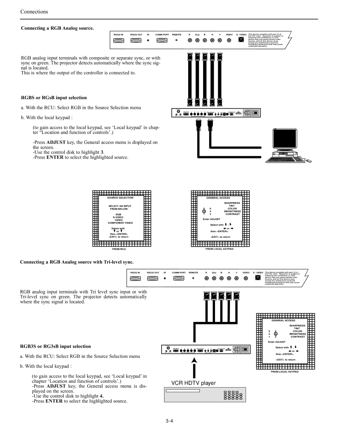 Runco DTV-947 manual Connecting a RGB Analog source, Rgbs or RGsB input selection, RGB3S or RG3sB input selection 