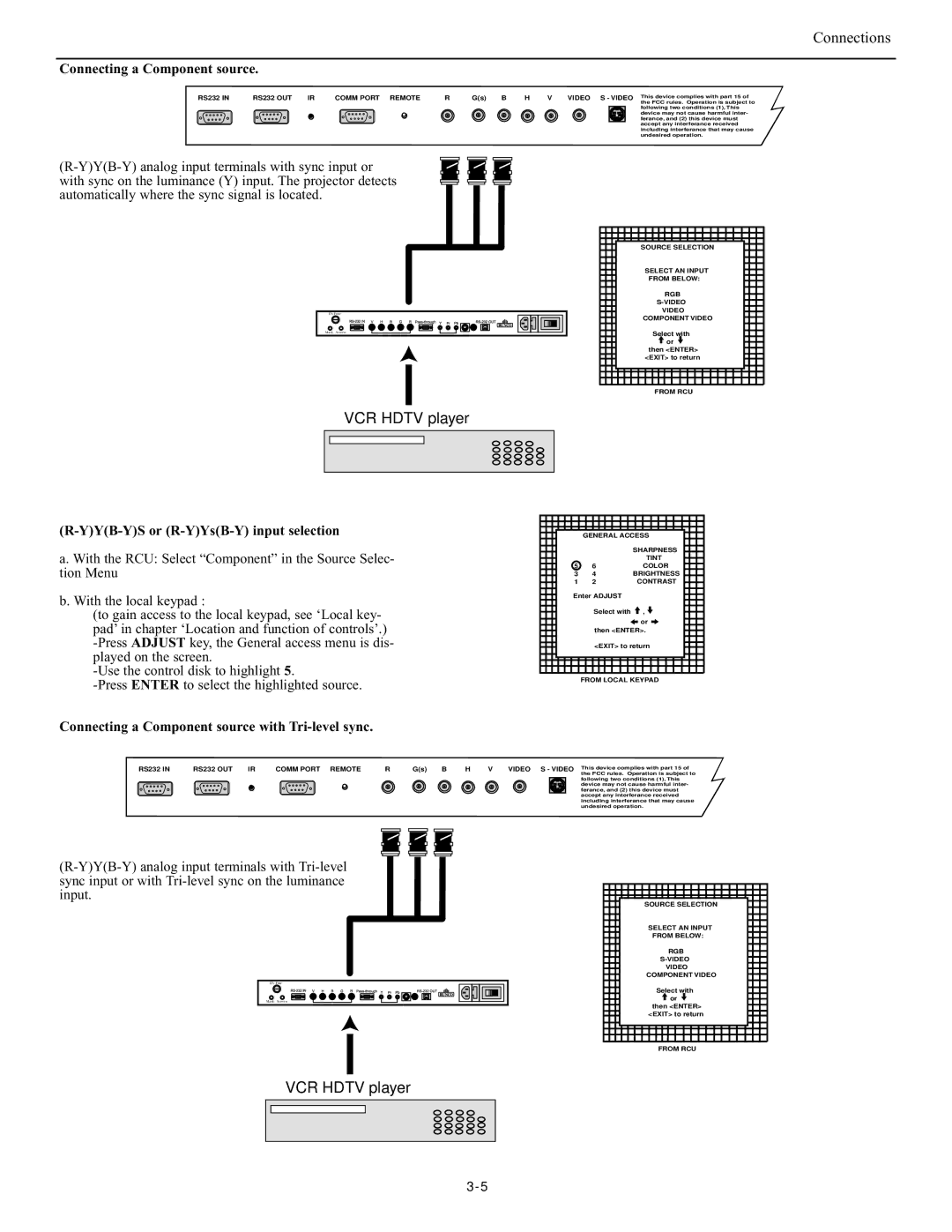 Runco DTV-947 manual Connecting a Component source, YYB-YS or R-YYsB-Y input selection 