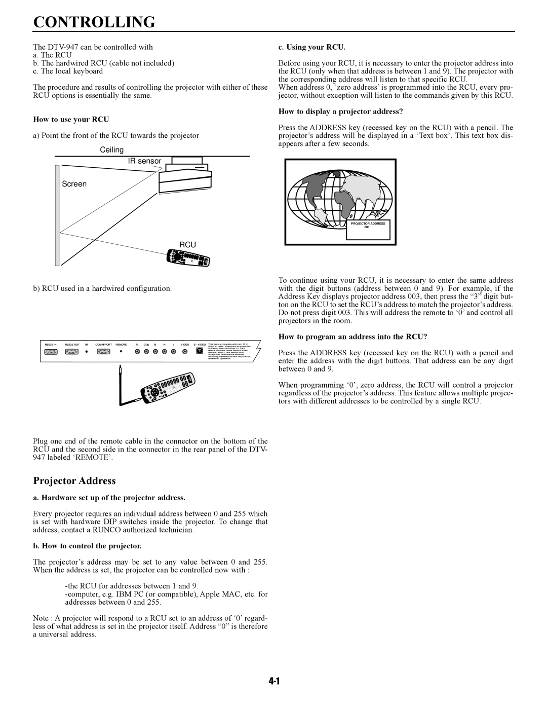 Runco DTV-947 manual Controlling 