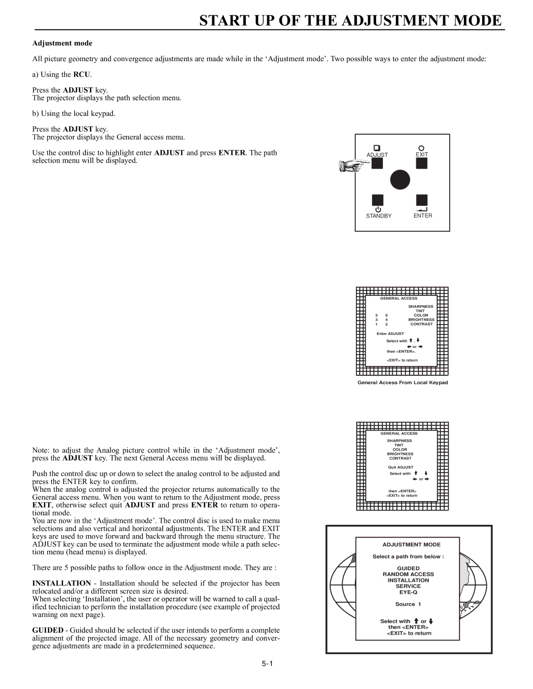 Runco DTV-947 manual Start UP of the Adjustment Mode, Adjustment mode 