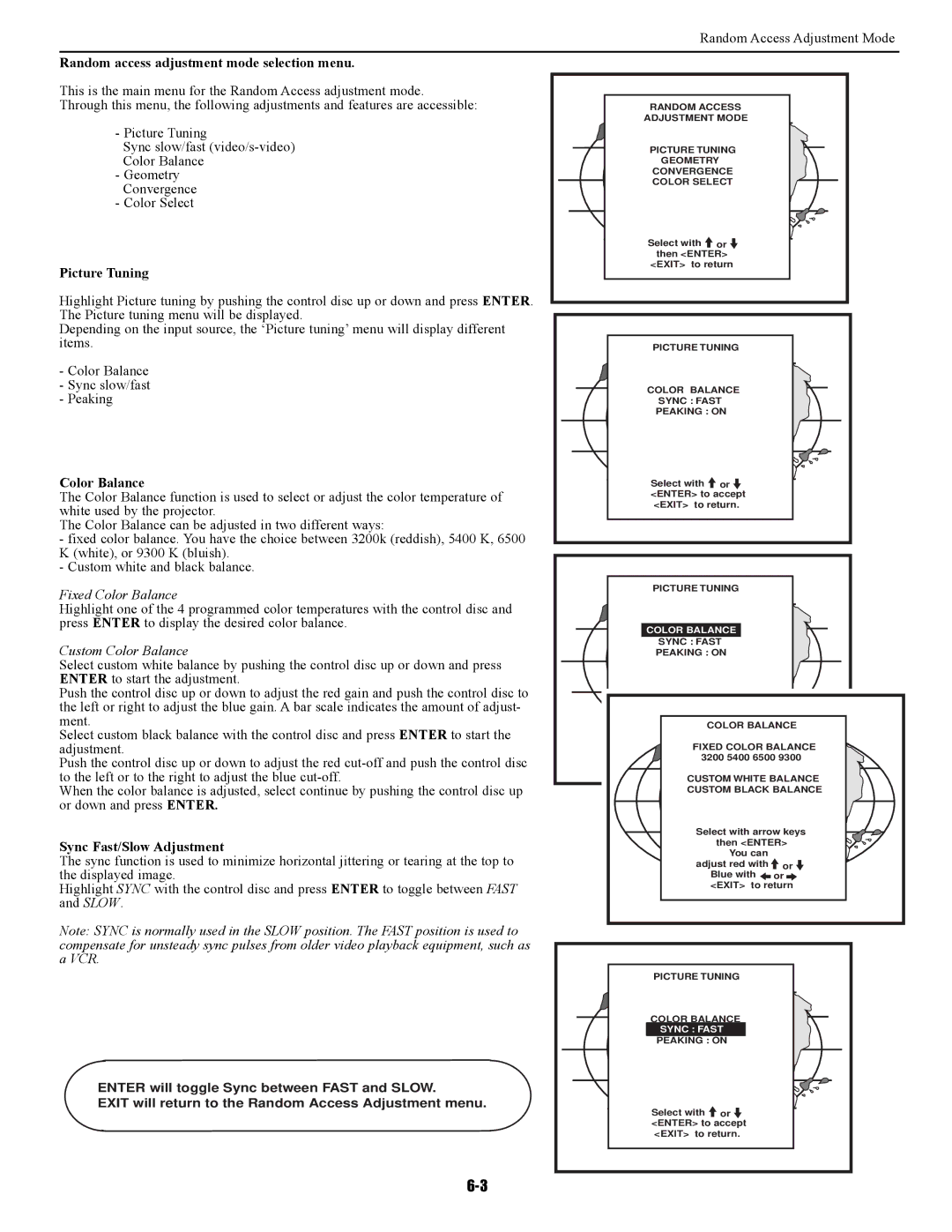 Runco DTV-947 manual Random access adjustment mode selection menu, Picture Tuning, Color Balance, Sync Fast/Slow Adjustment 