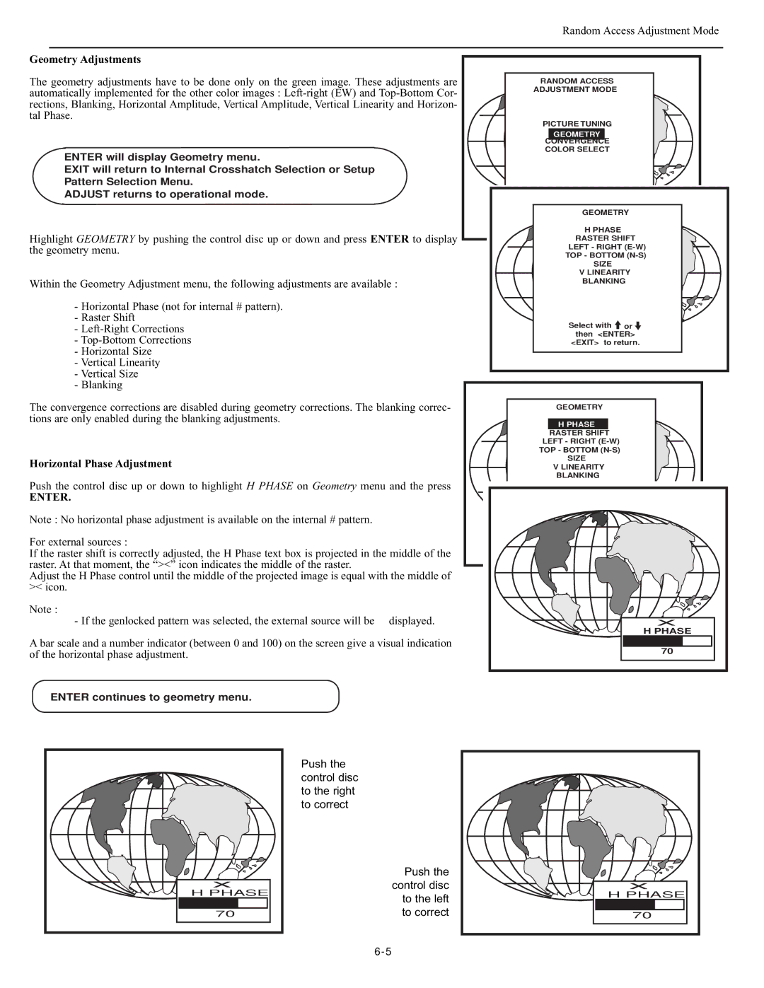 Runco DTV-947 manual Geometry Adjustments, Horizontal Phase Adjustment, Phase Raster Shift 