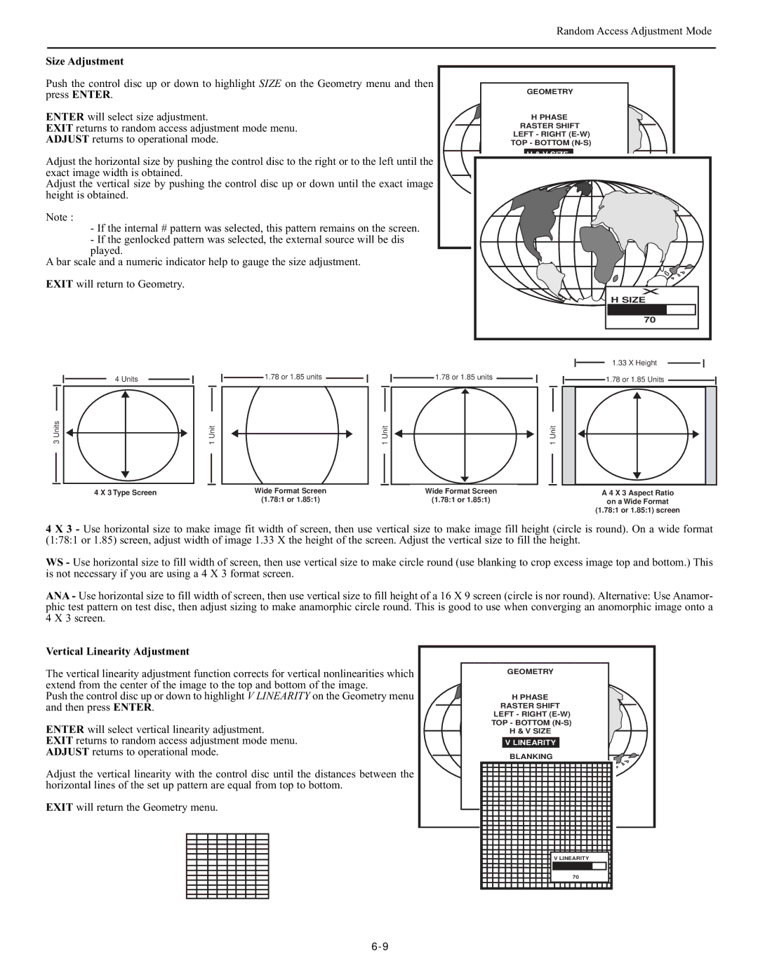 Runco DTV-947 manual Size Adjustment, Vertical Linearity Adjustment 