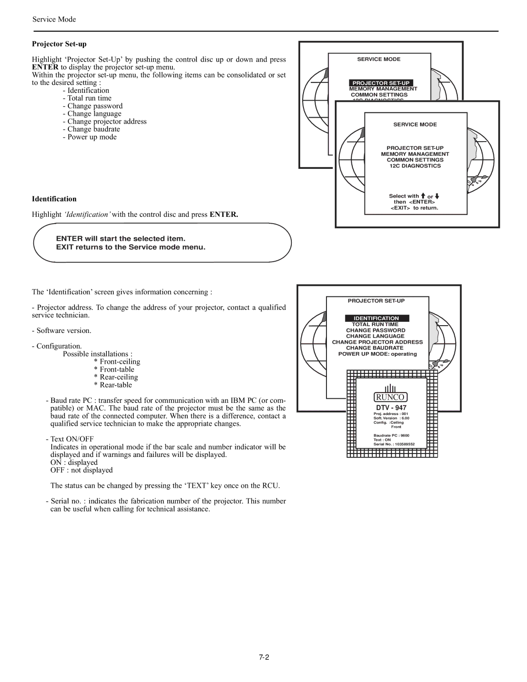 Runco DTV-947 manual Runco, Projector Set-up, Identification, Projector SET-UP 