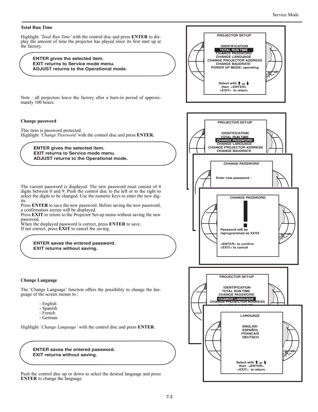 Runco DTV-947 manual Total Run Time, Change password, Change Language 