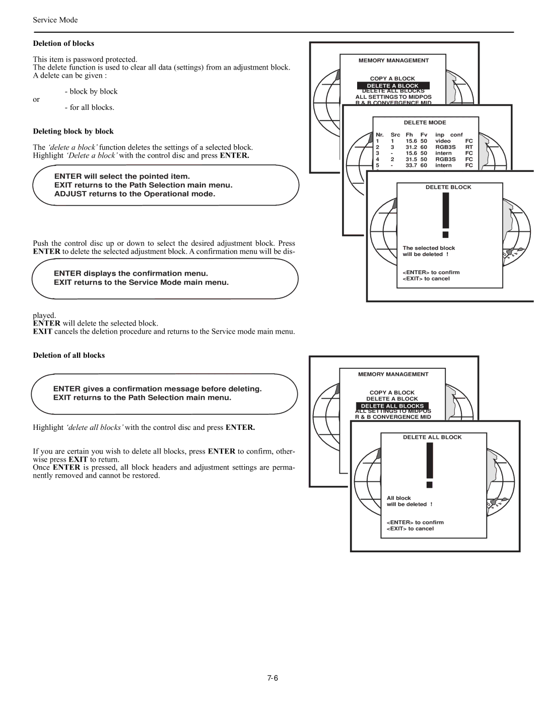 Runco DTV-947 manual Deletion of blocks, Deleting block by block, Deletion of all blocks, Delete a Block, Delete ALL Blocks 