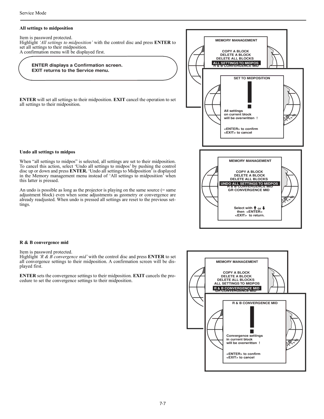 Runco DTV-947 manual All settings to midposition, Undo all settings to midpos, Convergence mid 