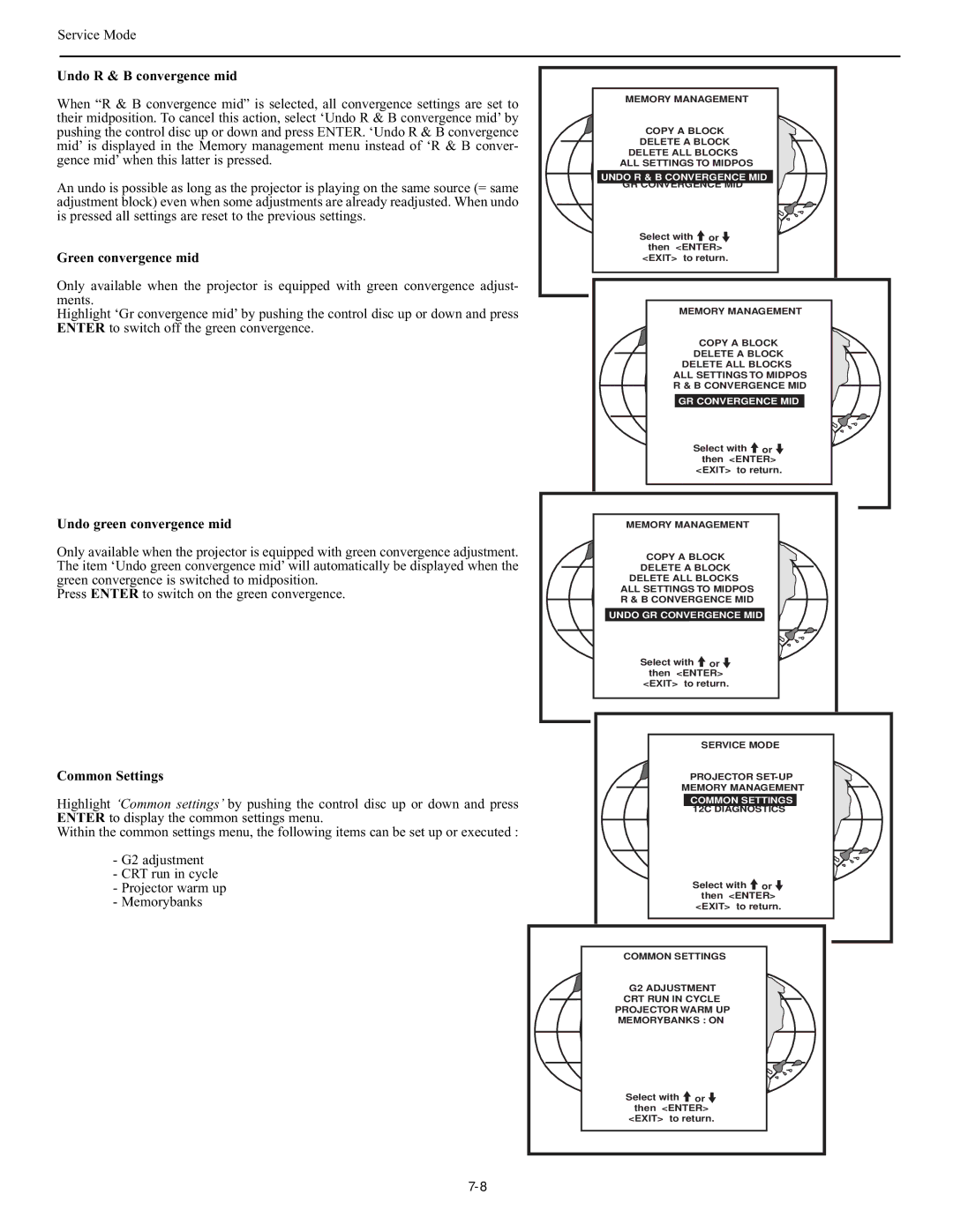 Runco DTV-947 manual Undo R & B convergence mid, Green convergence mid, Undo green convergence mid, Common Settings 