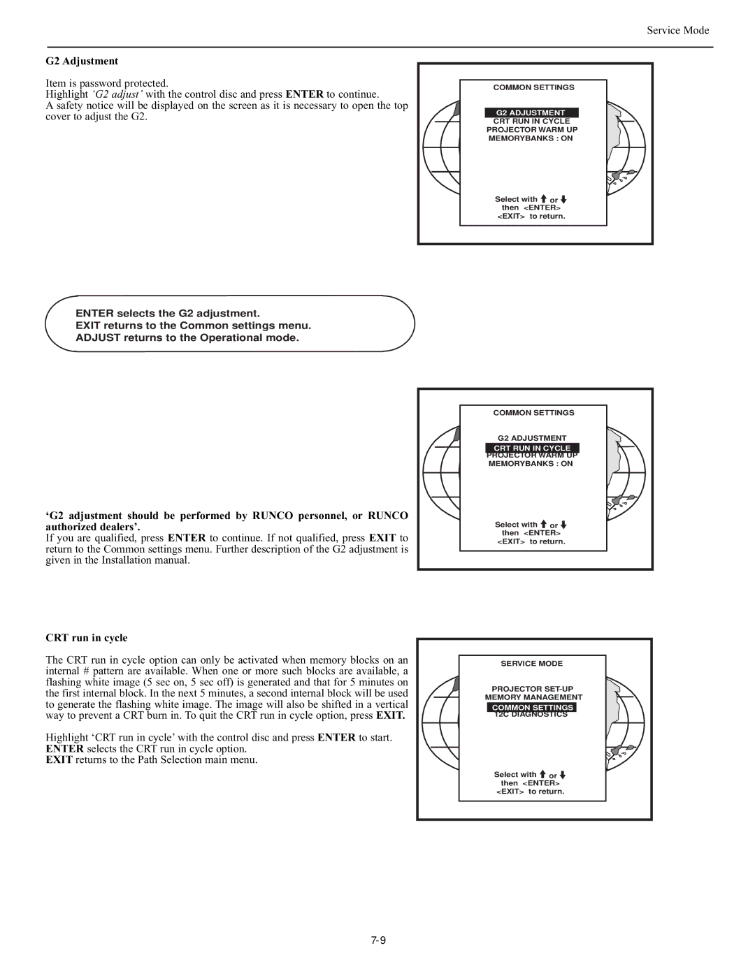 Runco DTV-947 manual G2 Adjustment, CRT run in cycle, CRT RUN in Cycle Projector Warm UP 