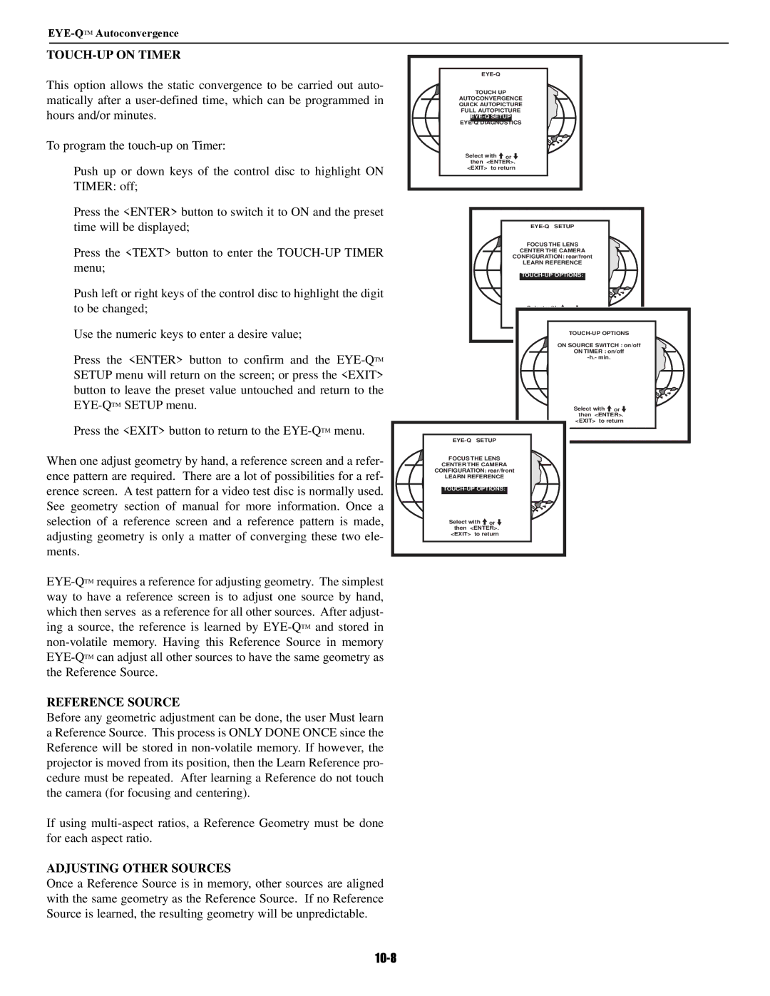 Runco DTV-947 manual TOUCH-UP on Timer, Reference Source, Adjusting Other Sources 