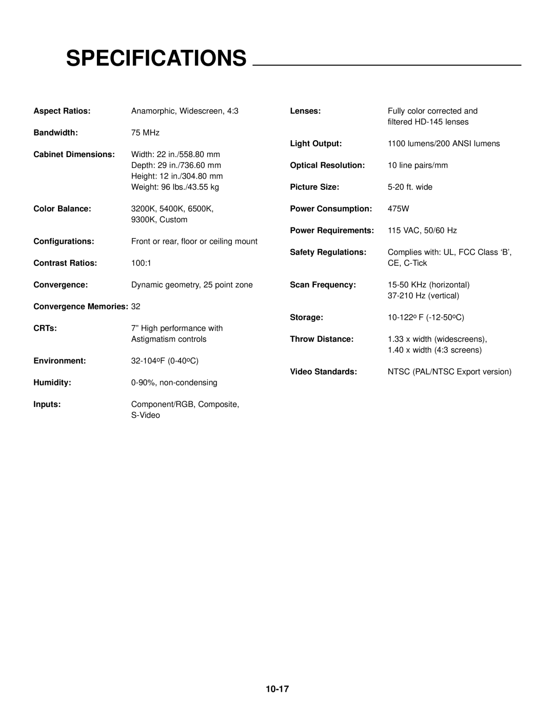 Runco DTV-947 manual Specifications 