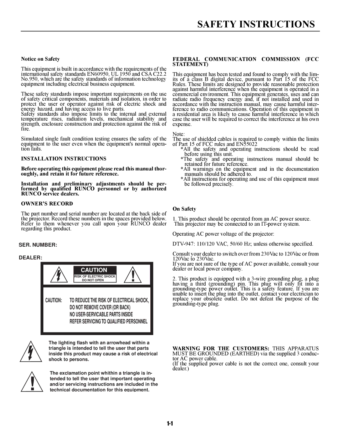 Runco DTV-947 manual Safety Instructions, Installation Instructions, OWNER’S Record, On Safety 